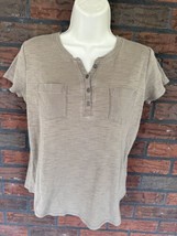 Beige 4 Button Henley Shirt Small Liz Claiborne Cotton Top Blouse Short ... - $3.80