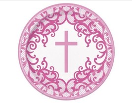 Fancy Pink Cross 8 Ct 7&quot; Dessert Cake Plates Baptism Confirmation Church - £3.15 GBP