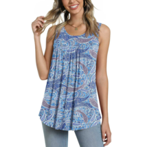 CATHY Women&#39;s Paisley Sleeveless Pleated Blouse Top Loose Tunic Size 3XL Blue - $14.84