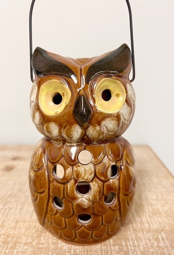 Vintage 6” Ceramic Owl VOTIVE CANDLE LANTERN - MCM HANG OR STAND 70s Item image 3
