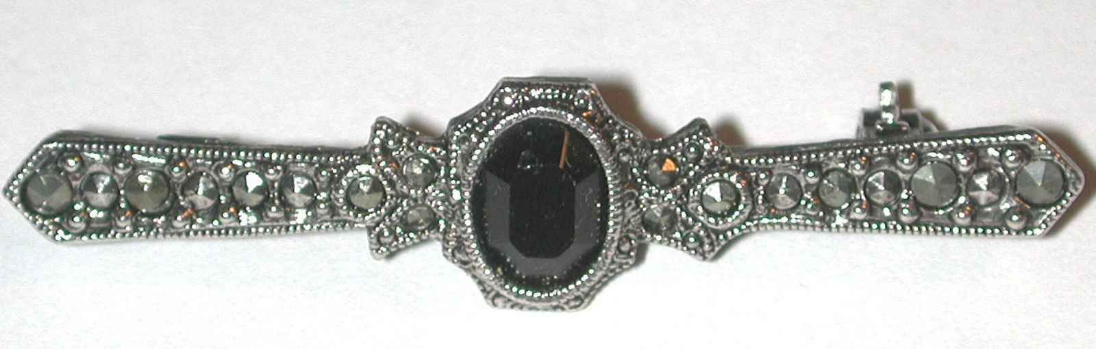 Signed 1928 Bar Pin Brooch Black stone Silver-tone used - $10.00