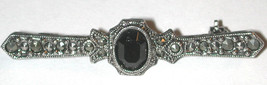 Signed 1928 Bar Pin Brooch Black stone Silver-tone used - £7.86 GBP