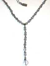 Signed 1928 Necklace Blue rhinestone Y antiqued Silver-tone used - $10.00
