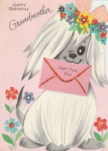 Vintage Birthday Card Sheepdog in Flower Wreath For Grandmother Glitter 1960&#39;s - $8.90