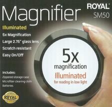 Glass 5X Magnifier Loupe W 3 Led Lights Illuminated Large 2 3/4&quot; Lens Royal SM50 - £49.36 GBP