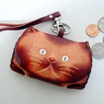 Leather Kitty Cat Coin Change Purse Wristlet / Tan (BN-CHG101) - $12.00