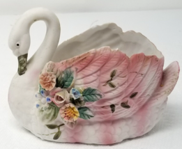 Pink Feather Swan Planter Porcelain Flowers Painted Imperfect Vintage - £11.35 GBP