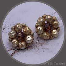 Vintage Clip On Earrings Gold Brown Beige Faux pearl Cluster Costume Jewelry - £6.96 GBP