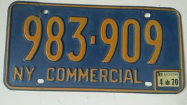 Vintage Blue Yellow New York Commercial April 1970 License Plate 983 909... - $14.80