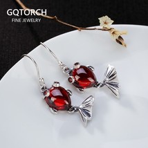 925 Sterling Silver Red Garnet Fish Earrings For Women Ethnic Dangle Goldfish Ea - £38.43 GBP
