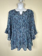 Catherines Womens Plus Size 3X Blue Floral Beaded Crinkle Blouse 3/4 Sleeve - £15.48 GBP
