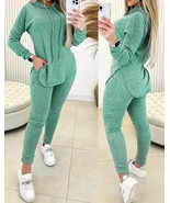 2 Piece Set Women Outfit 2025 Spring Fashion Slit Long Sleeve Hooded Swe... - $18.23