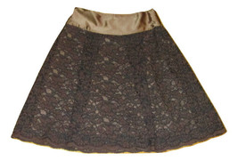 Fray Skirt Floral Lace Overlay Flare Brown Satin Trim Lined Womens Size 4 Party - £7.81 GBP
