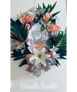 HAPPY EASTER WREATH NEW HANDMADE PEACH ROSES EASTER LILLIES EASTER EGG - £89.71 GBP