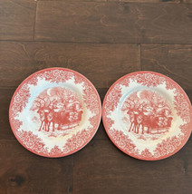 Royal Stafford Light Red Santa Sleigh Reindeer Christmas Set Of  2 Salad Plates - £27.51 GBP