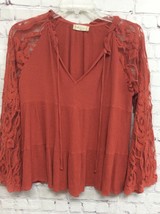 Altar&#39;d State Womens Rust Boho V-Leck Floral Lace Tie-Front Bell Sleeve Blouse M - £11.64 GBP