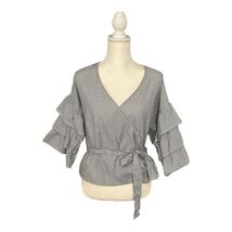 IRIS Blouse Womens Large Blue White Stripe Kimono Wrap Ruffle Flutter Sl... - $18.99