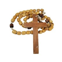 Vintage Large 6&quot; wood Cross ROSARY Wooden Beads 50” Long Wall Door Macrame Bless - £51.43 GBP