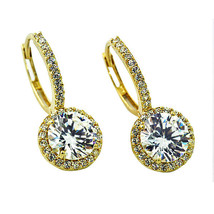 Women&#39;s 2.49CT Elegant Halo Drop White Sapphire Earrings 14K Yellow Gold Covered - £86.24 GBP