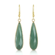 Unique Green Jade Long Teardrops Gold-Plated Silver Dangle Earrings - £14.99 GBP