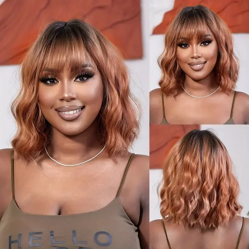 14 Inch Short Synthetic Bob Curly Wave Ombre Copper Blonde Color Hair Wigs Wi - £10.38 GBP+