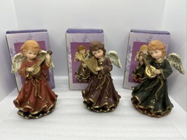 Set Of 3 Boxed 5.5” Angel Figurines From Montgomery Ward Playing Harp &amp; Mandolin - $16.69