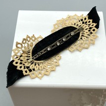 Victorian Mourning Bar Brooch with Velvet Ribbon and Lace, Long Crystal ... - $101.59