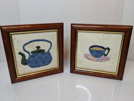 Pair Hand Crafted Framed Applique Quilt Squares Tea Cup and Tea Pot 7.5&quot;x7.5&quot; - £22.41 GBP