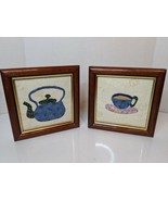 Pair Hand Crafted Framed Applique Quilt Squares Tea Cup and Tea Pot 7.5&quot;... - £21.98 GBP