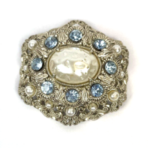 Vintage Filigree Pearl Brooch Signed West Germany Pin Silver Tone Blue - €28,32 EUR