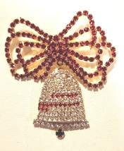 Christmas Bell Brooch Pin Red and Crystal Rhinestones Swings with Movement - $29.95