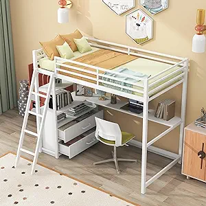 Twin Size Loft Bed With Desk, Shelves And Two Built-In Drawers, Metal&amp;Wo... - £457.69 GBP
