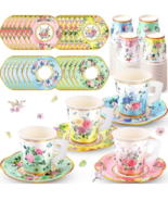 160 Pcs Floral Paper Tea Cups and Saucers 7 OZ Disposable Paper Tea Cups... - £14.69 GBP