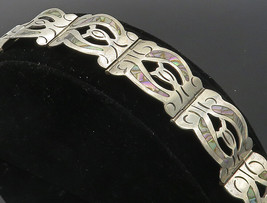 MEXICO 925 Sterling Silver - Vintage Inlaid Abalone Shell Chain Bracelet- BT4078 - £69.39 GBP