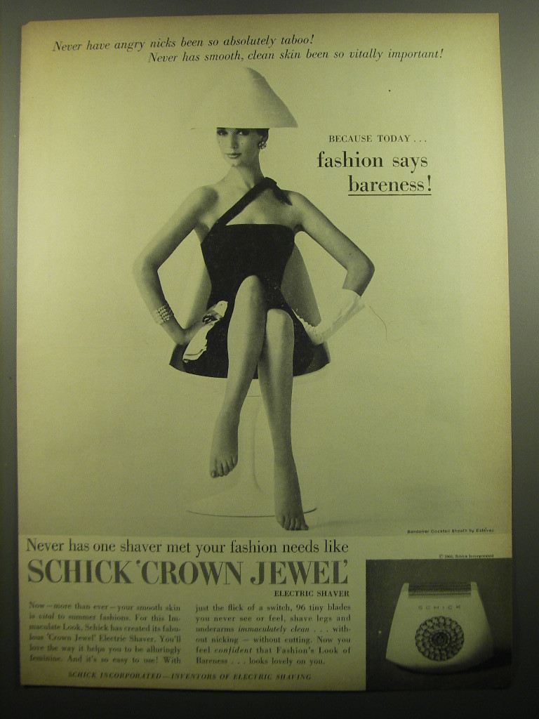 Primary image for 1960 Schick Crown Jewel Electric Shaver Ad - angry nicks so taboo