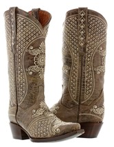 Womens Brown Beige Leather Western Cowboy Wedding Boots Studs Rodeo Rhinestones - £143.84 GBP