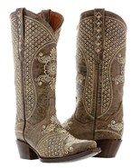 Womens Brown Beige Leather Western Cowboy Wedding Boots Studs Rodeo Rhin... - £141.63 GBP