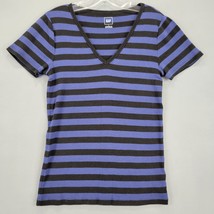 Gap Women Shirt Size L Black Blue Preppy Stripe V-Neck Short Sleeve Lightweight - £9.35 GBP