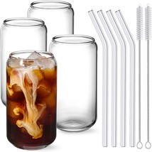 Drinking Glasses with Glass Straw 4pcs Set - 16oz Can Shaped, 2 Cleaning Brushes - £33.77 GBP