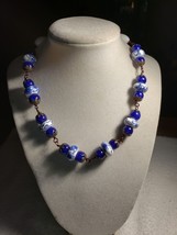 19 Inch Hand Beaded Dark Blue With Ceramic Rings Blue White Offset Necklace - £22.41 GBP