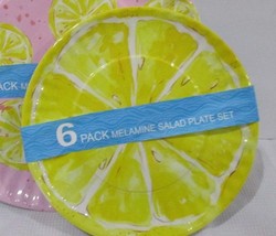 12pc Lemon Slices Melamine Dinner Plates and Salad Plates Yellow Pink - £35.39 GBP