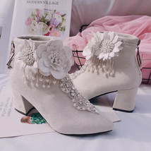 Womens Pointy Toe Rhinestones Crystal Ankle Boots White Chunky High Heel Shoes s - £92.15 GBP