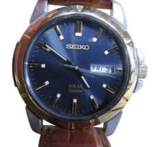 Seiko Solar 100M Men’s Watch – Blue Dial, Day/Date, Brown Leather Strap - $64.35