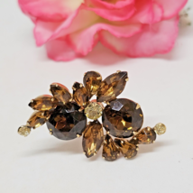 Vintage Brown Green Rhinestone Crystal Gold Tone Flower Brooch Pin - $19.95