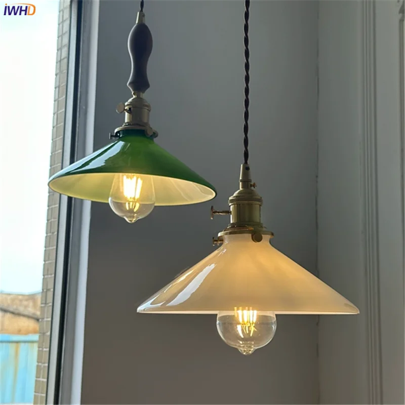 IWHD White Green Glass LED Pendant Lights Fixtures Copper Socket Wood Be... - $46.96+