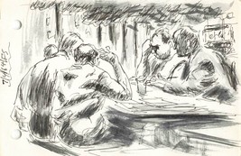 5 Men in Contemplation NYC Park Fred Salzman Character Study Sketch 7/4/64 - £27.68 GBP