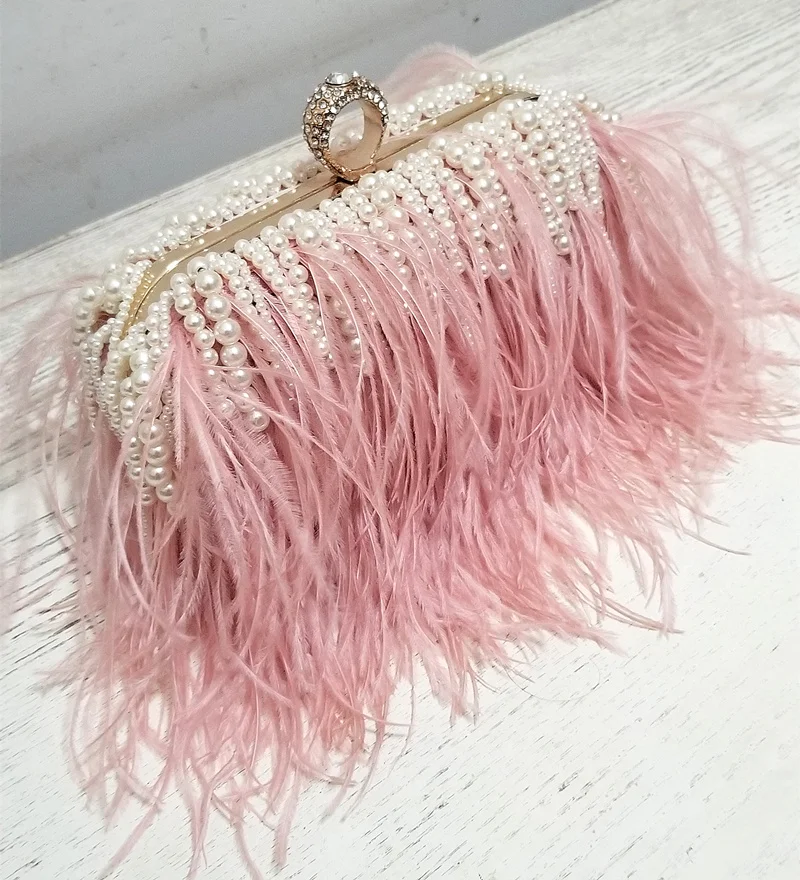  Real Ostrich Feathers Handbag  Tel Evening Bags Women&#39;s Pouch Purse Pink Green  - £96.58 GBP