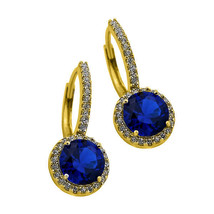 2.49CT Women&#39;s Classy Halo Drop Blue Sapphire Earrings 14K YG Covered 925 Silver - £94.15 GBP