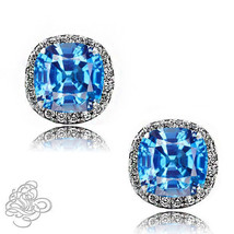2.49CT Women Halo Cushion Cut Blue Topaz White Sapphire 925 Silver Stud Earrings - £37.87 GBP