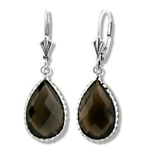 Fancy 14K WG Covered Natural Smokey Quartz Dangling Pear Drop Leverback Earrings - £100.61 GBP